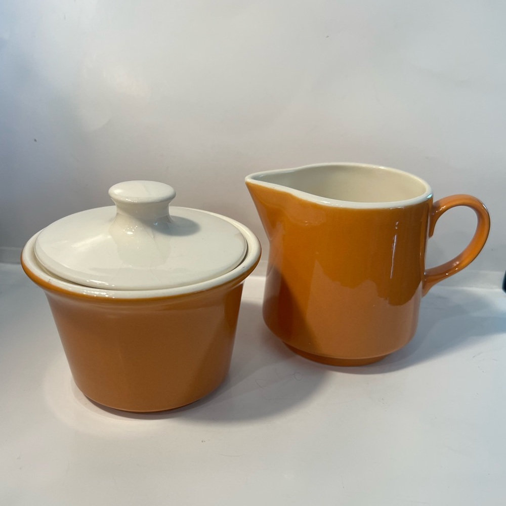 70’s California Pottery Vintage Lidded Sugar and Creamer Pumpkin USA
